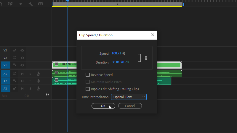 Enter the new duration for a nested sequence in Premiere Pro’s Speed/Duration tool