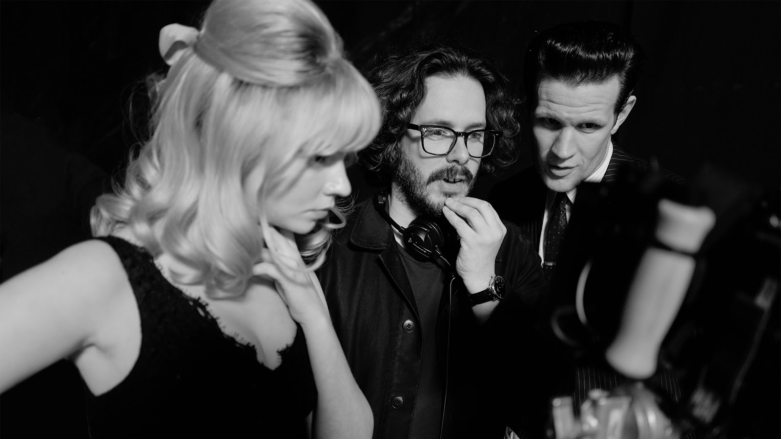 Anya Taylor-Joy, Edgar Wright, and Matt Smith on the set of Last Night in Soho. Image © Focus Features