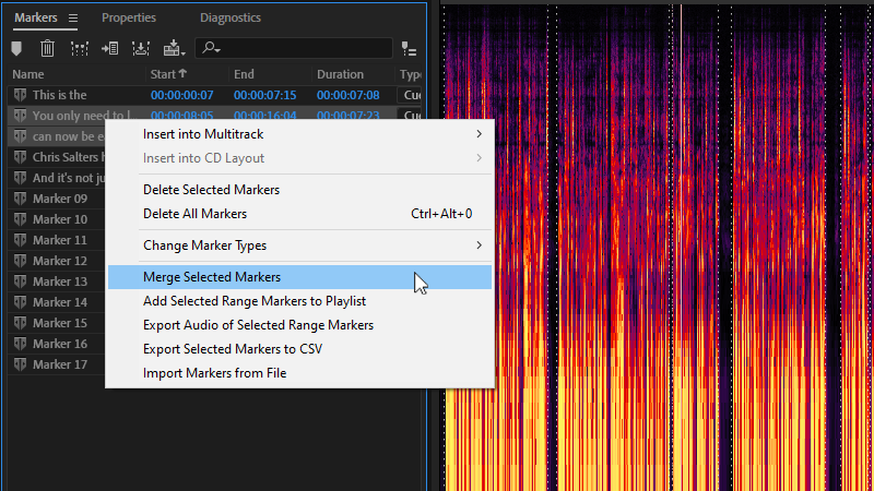 merge audio segments prior to export in the Markers panel.