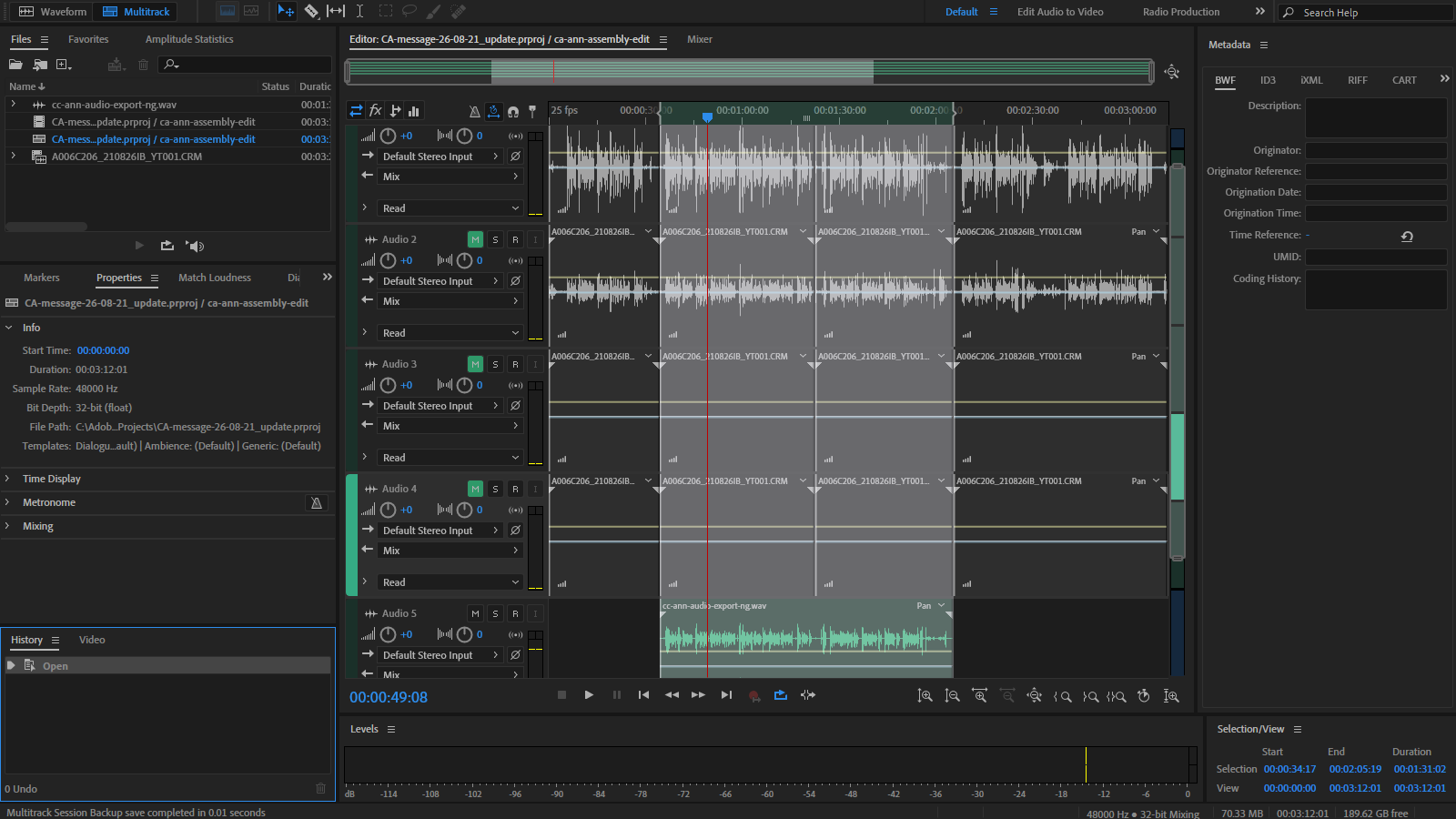 Premiere Pro sequence added to a new Multitrack session