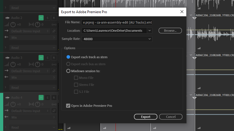Exporting the Multitrack session from Audition to a Premiere Pro-compatible XML file