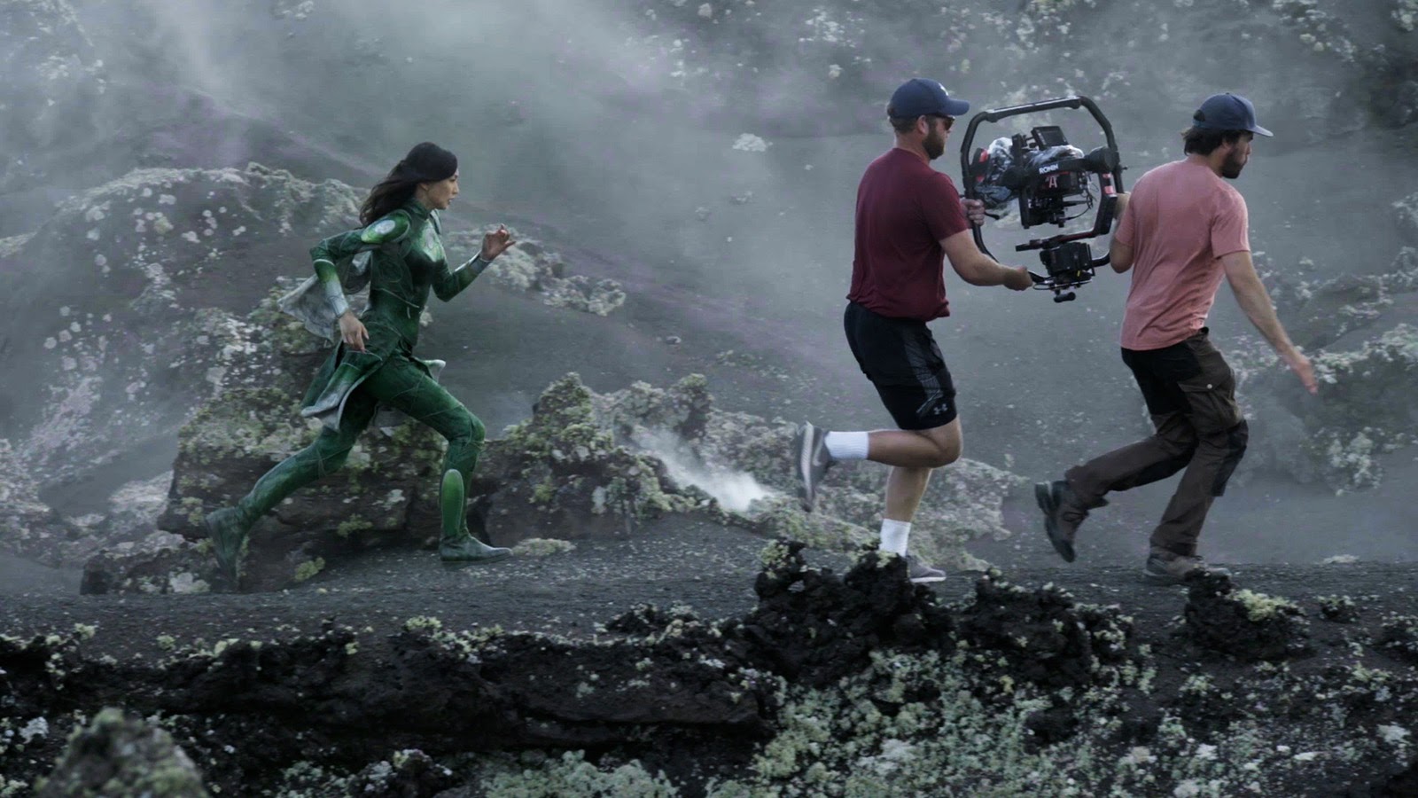 Camera operators keep pace with Gemma Chan (Sersi) in Marvel’s Eternals.