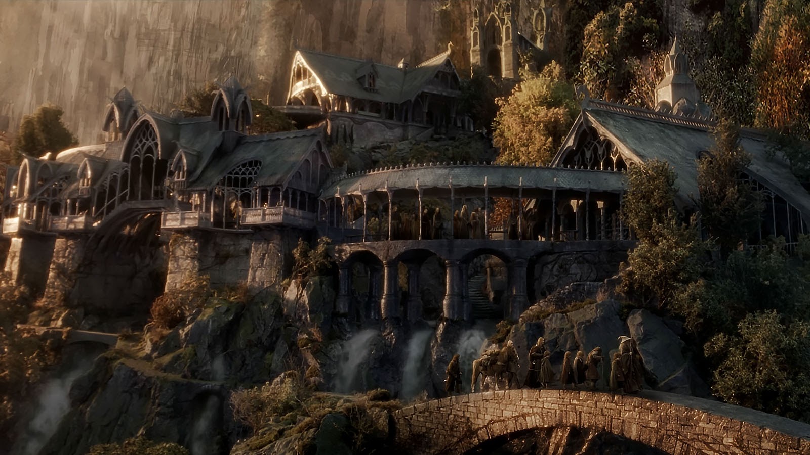 The fellowship leaves Rivendell in a vfx composite using live action and LOTR’s famous ‘bigatures.’ Image © New Line Cinema