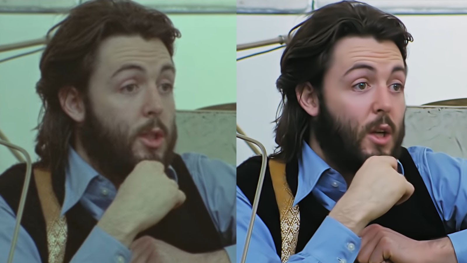 An example of the remarkable transformation from the original footage to the restored material used in The Beatles: Get Back. Image © Disney Studios