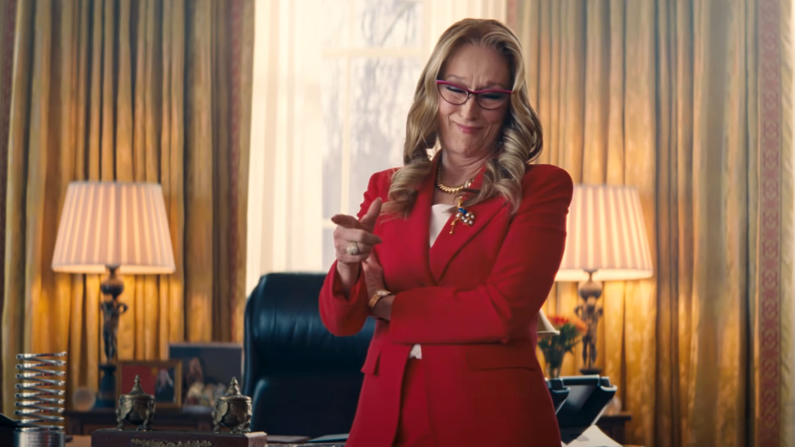 Merryl Streep as the feckless President Orlean in Don’t Look Up. Image © Netflix