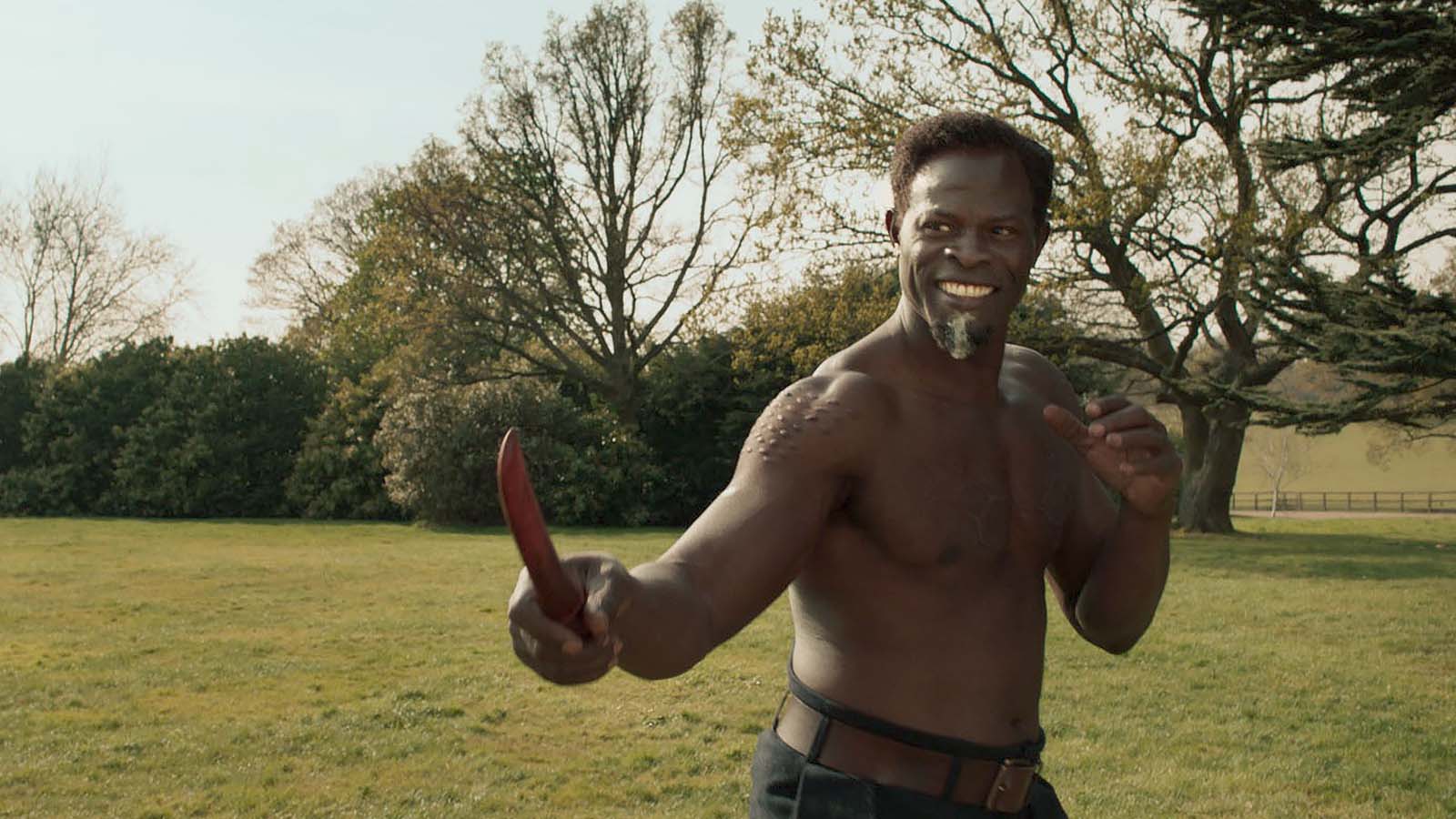 Not Downton Abbey. Djimon Hounsou plays Shola, the head butler. Image © 20th Century Studios