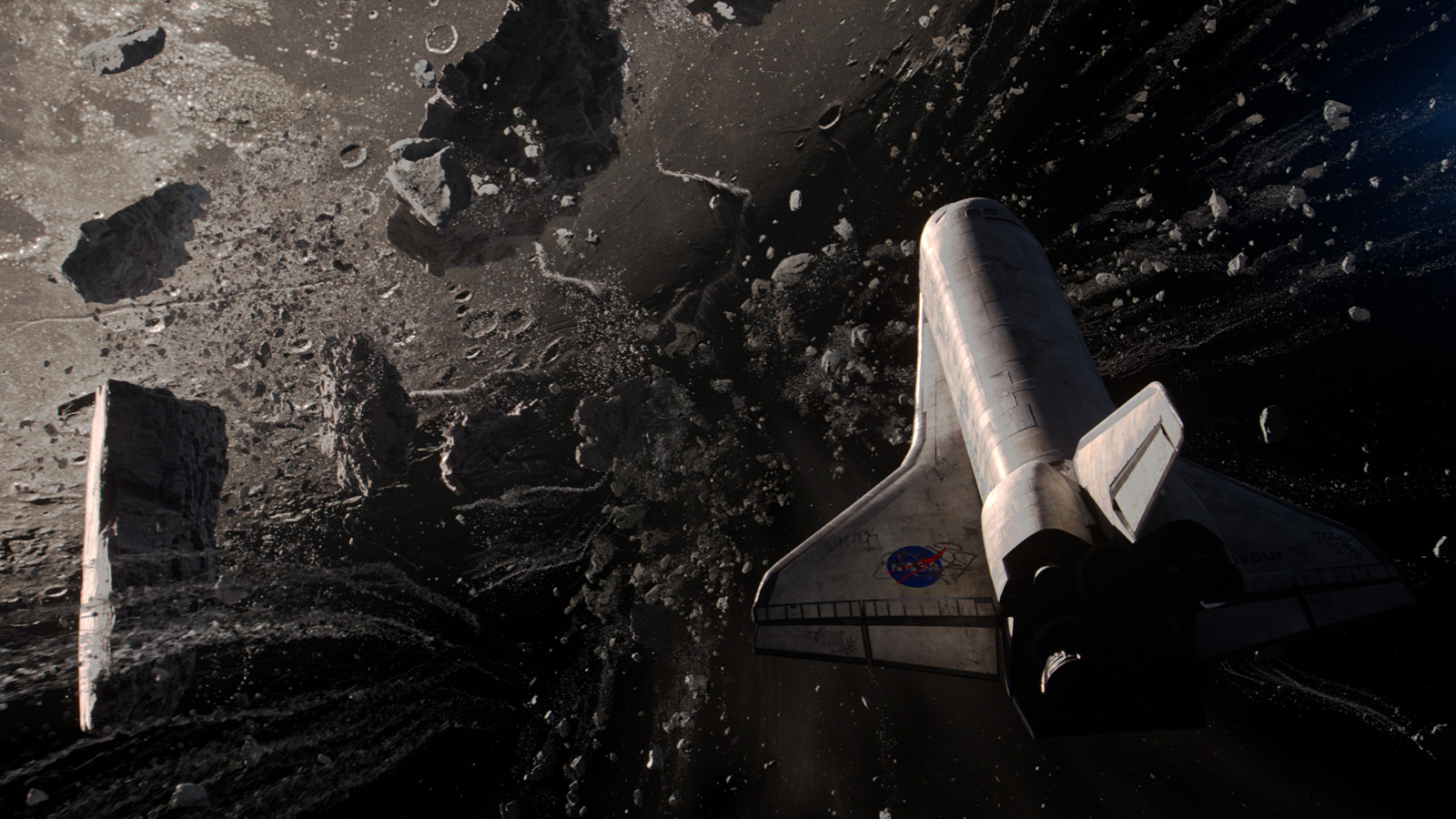 The Shuttle enters a heavy debris field. Image © Lionsgate Movies