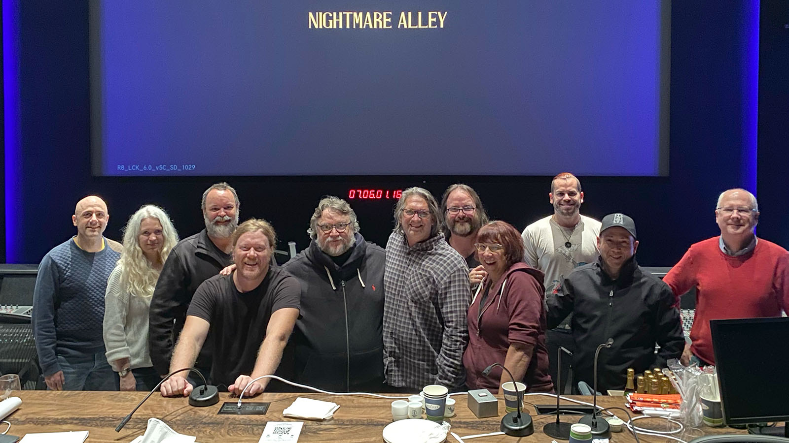 L-R: Nathan Robataille (sound designer), Jill Purdy (dialogue editor), Brad Zoern (SFX re-recording mixer), Cam McLauchlin (editor), Guillermo del Toro (director), Christian Cooke (re-recording mixer - DX and music), Kevin Banks (music editor), Mary Juric (first assistant editor), Arturo Fuenmayor (mix assistant), Miles J. Dale (producer), Doug Wilkinson (post supervisor)
