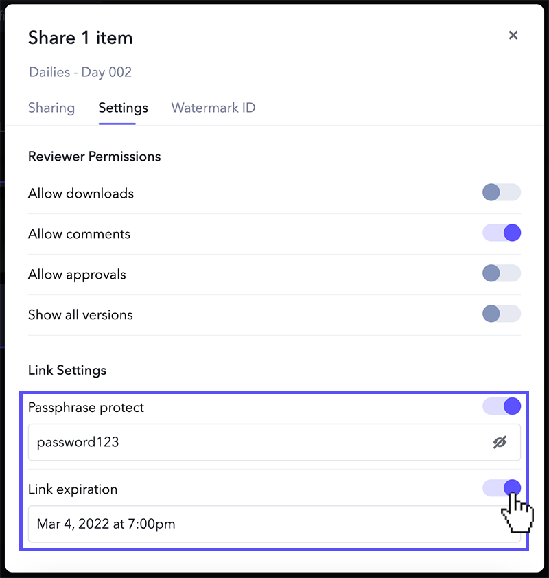 Frame.io Review Link options