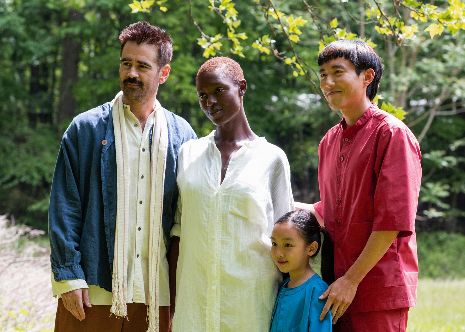 (L-R) Colin Farrell, Jodie Turner-Smith, Malea Emma Tjandrawijaja, and Justin H. Min.