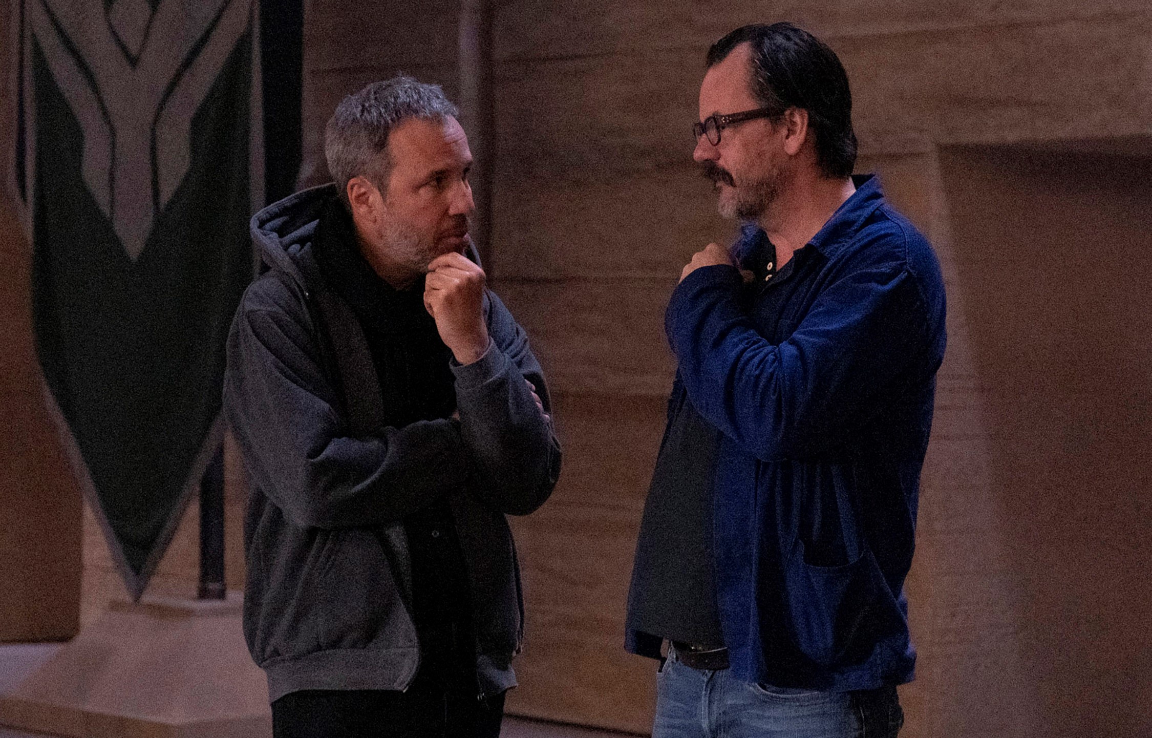 Villeneuve with editor Joe Walker on Dune set