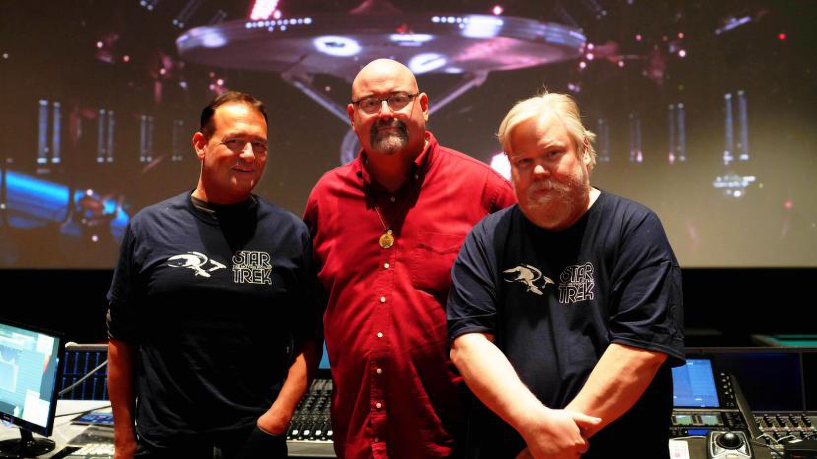 (L-R) Mike Matessino, David C. Fein, and Daren Dochterman on the sound stage for the Star Trek TDE remaster.