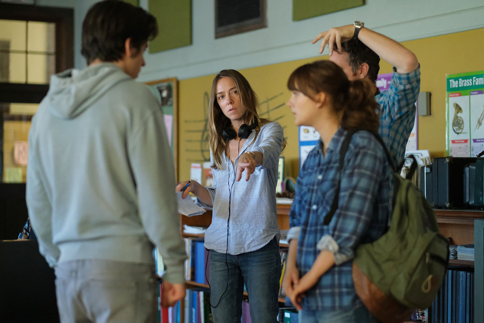 Director Sian Heder (middle) with Daniel Durant (left) and Emilia Jones (right) on the set of CODA. Image © Apple TV+