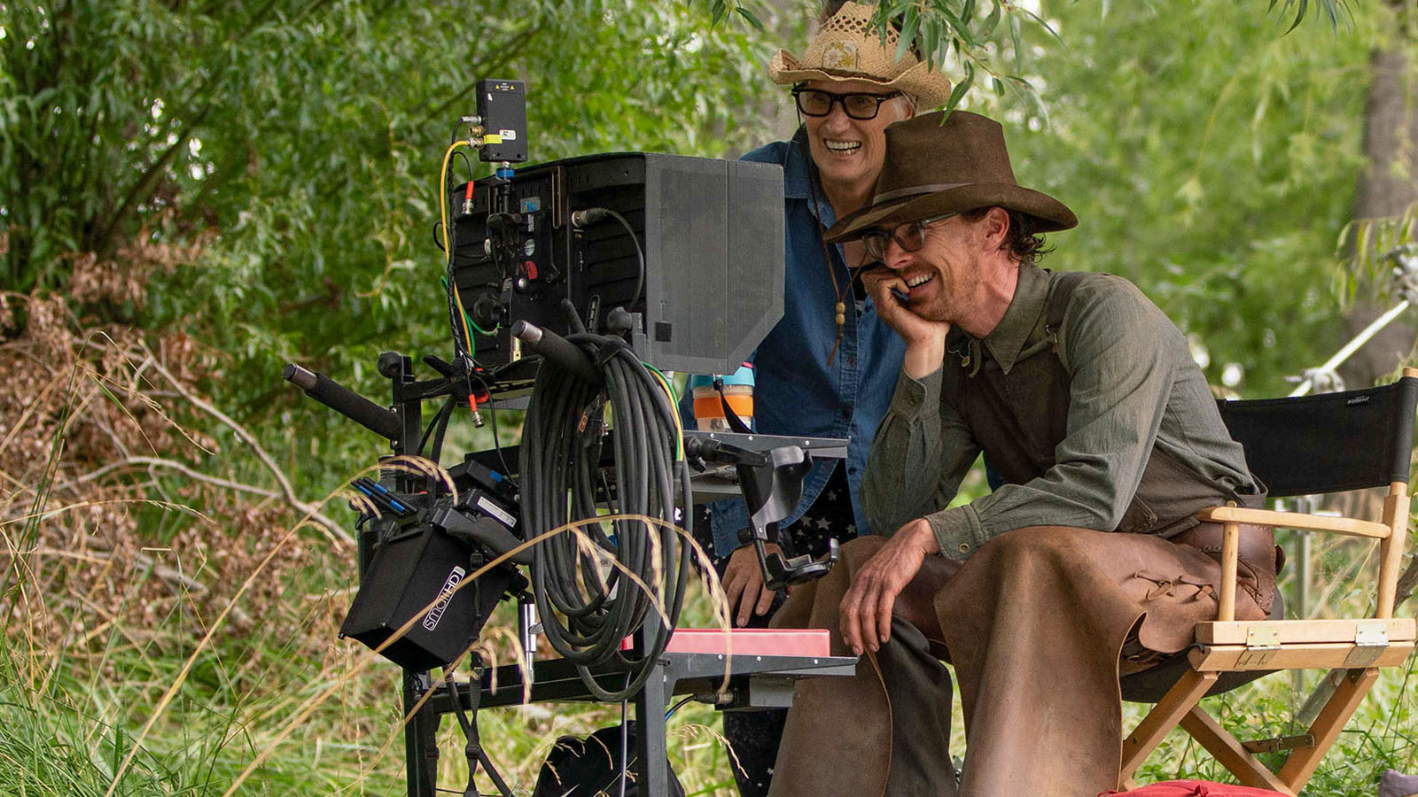 Campion and Cumberbatch watch playback during filming of The Power of the Dog. Image © Netflix