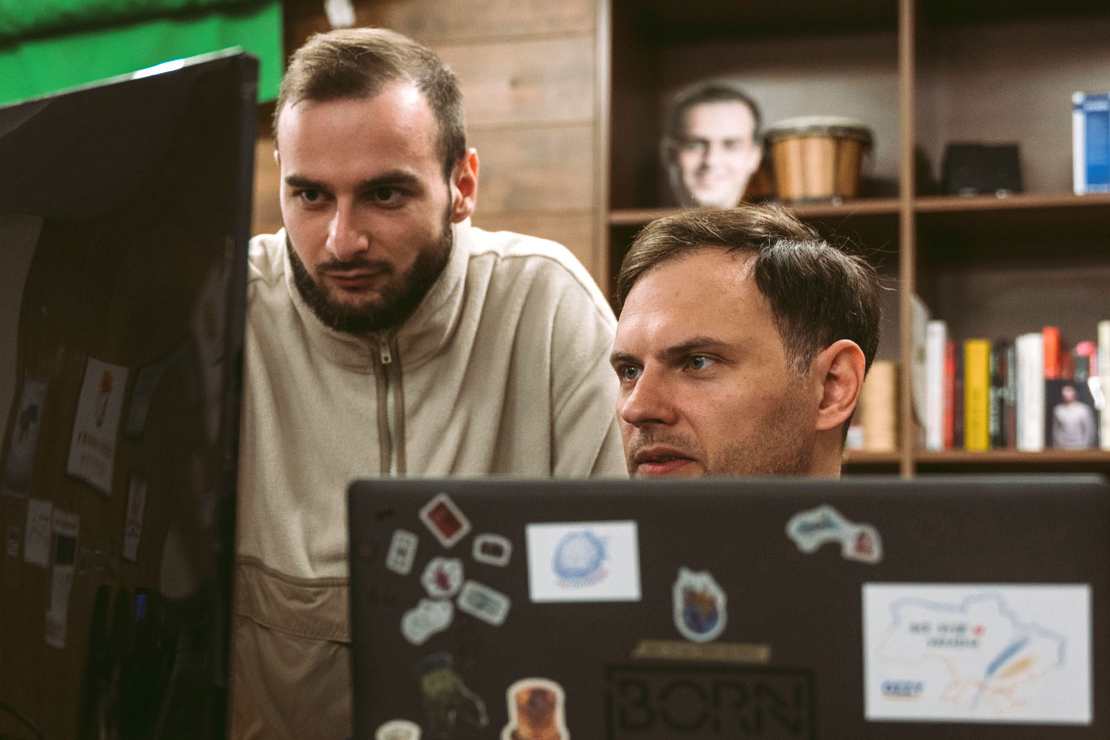 Rebel Monkey’s motion designer Valentyn Perchyk (L) and editor Roman Fushtei (R) work on Stan’s footage in Ukraine.