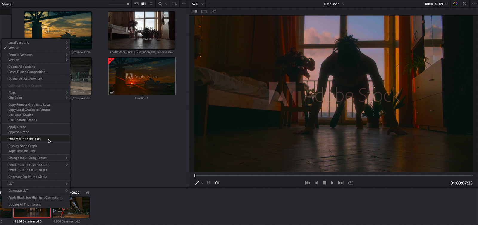 Use Resolve’s shot match tool to quickly create a consistent look across your stock footage selects.