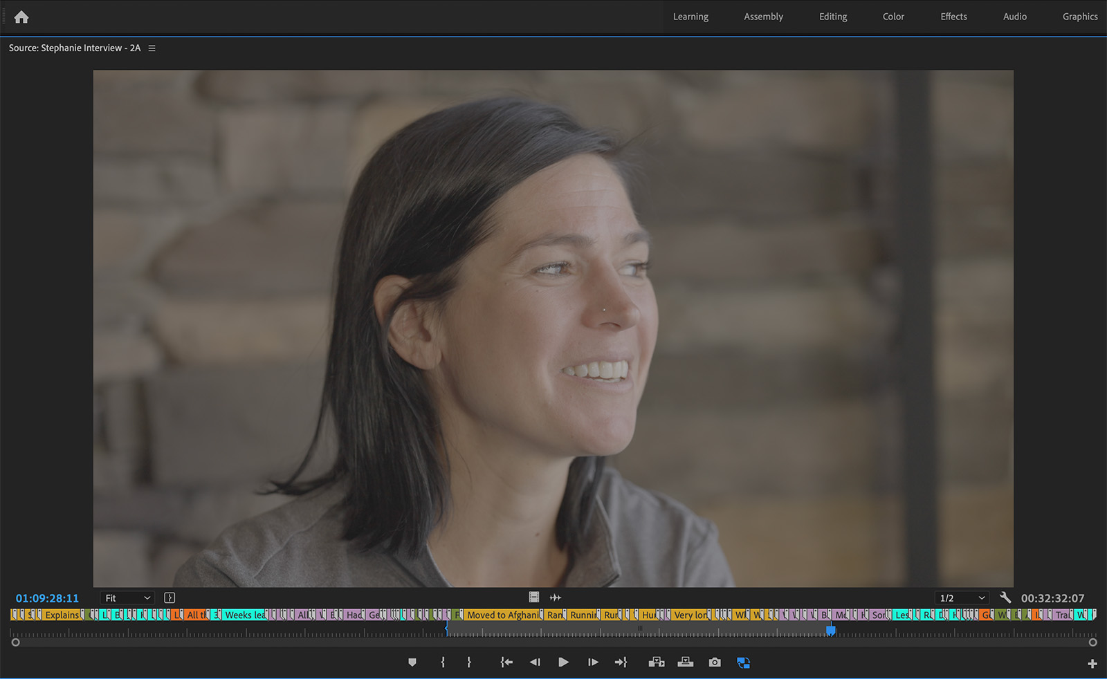 Premiere Pro’s Source viewer for Free to Run showing Elise’s markers.