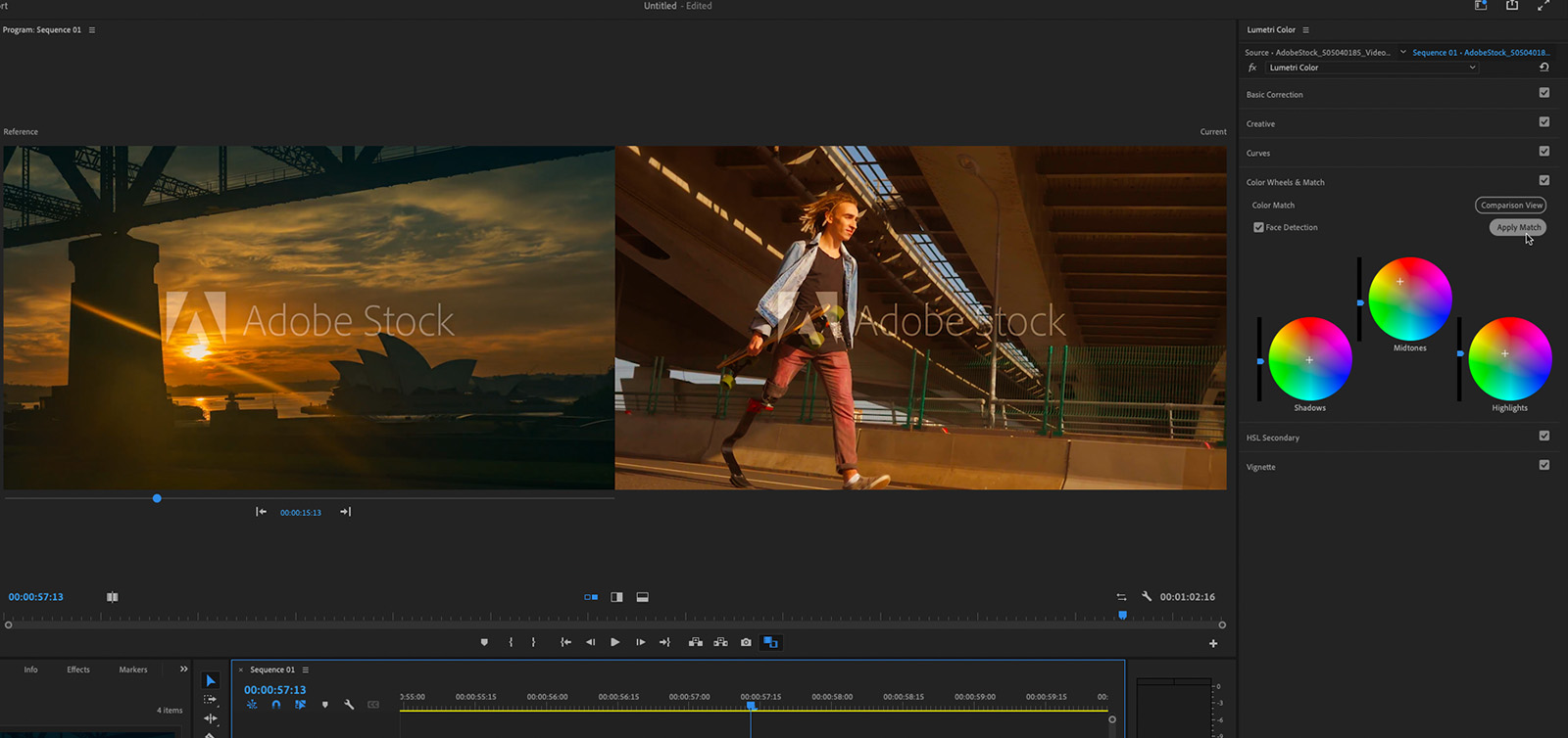 Premiere Pro’s color match tool lets you pick a reference frame from anywhere in the timeline.