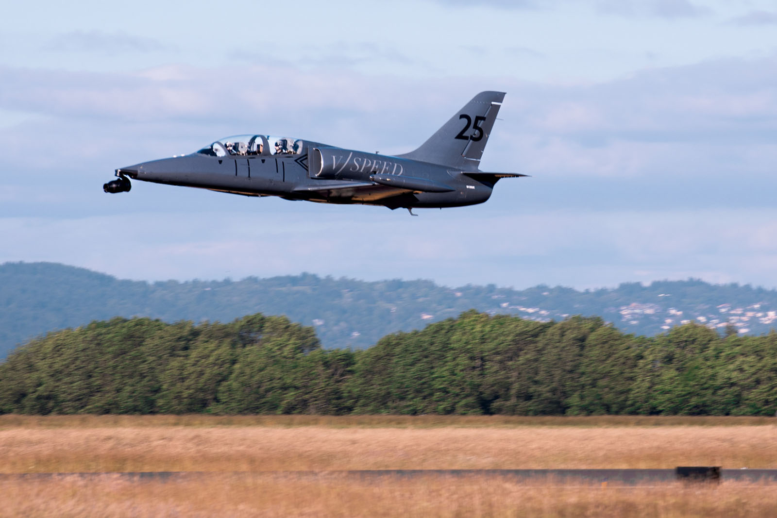 V/SPEED’s Aero L-39 Albatros—shown here just after takeoff—is a high-performance jet trainer fitted with one of the most advanced camera rigs in the business.