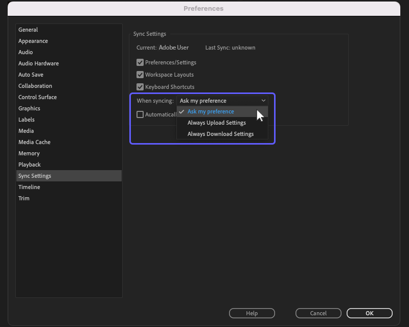 The Sync Settings tab in Premiere Pro’s Preferences panel.
