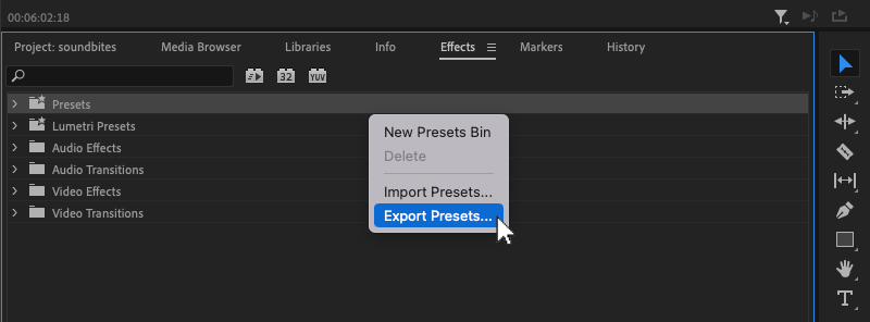 Right-click on your custom presets folder and select Export Presets.