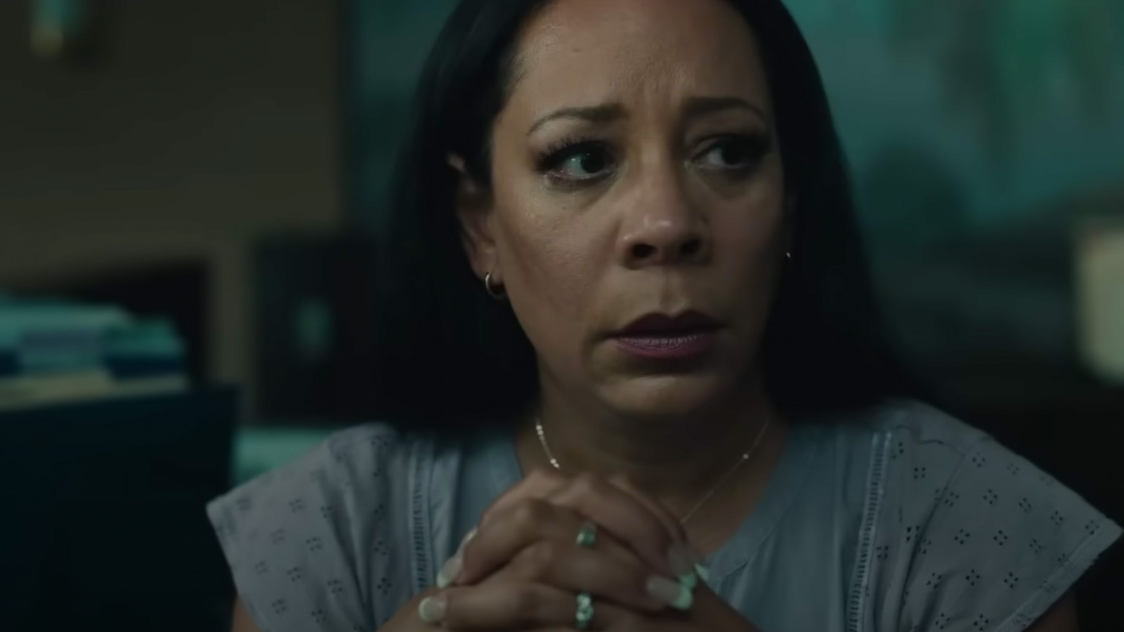 Selenis Leyva plays Rosa Diaz, the bank teller confronted with an immediate threat.
