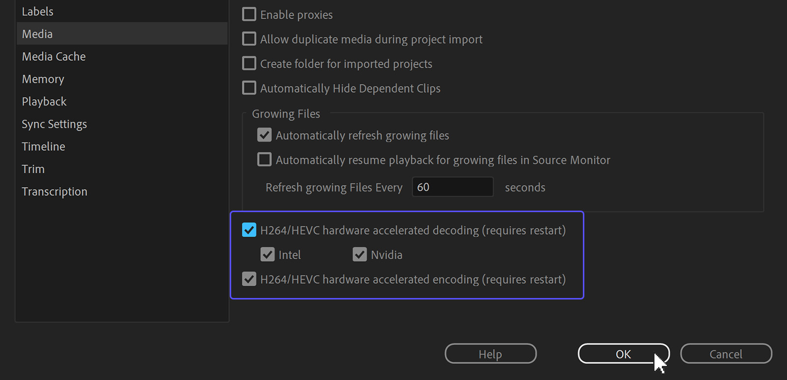 You’ll find hardware acceleration toggles in the Media settings.