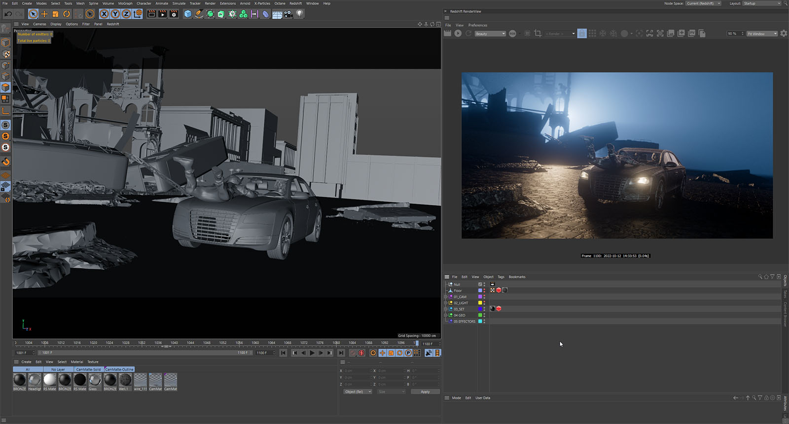 Lighting the scene and building camera moves in Cinema4D.