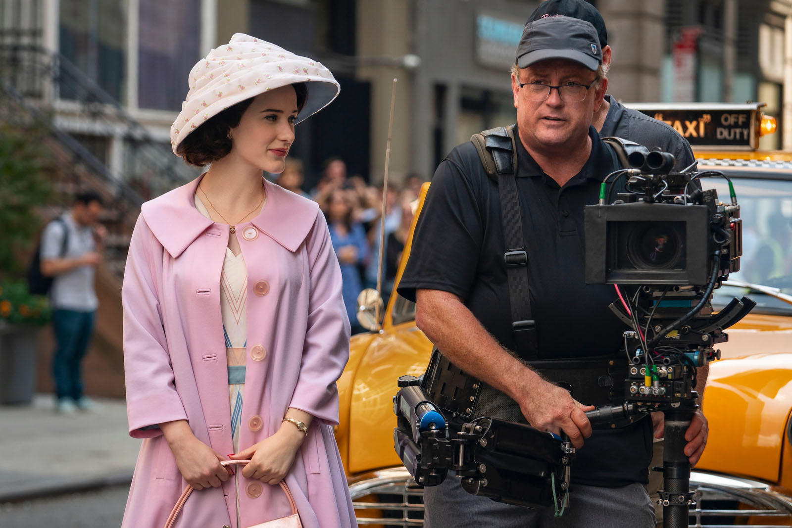Rachel Brosnahan stays close to McConkey's steadicam rig on location for The Marvelous Mrs. Maisel. Image © Amazon Studios