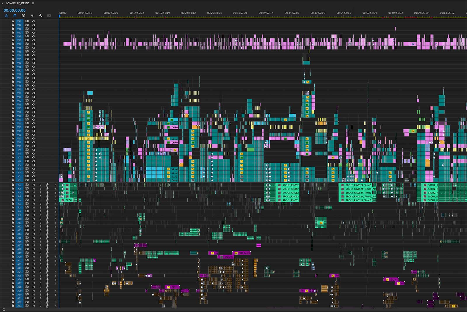 Cropped detail of the Premiere Pro timeline for Missing. To fully appreciate the work that went into this, view the full-size version.