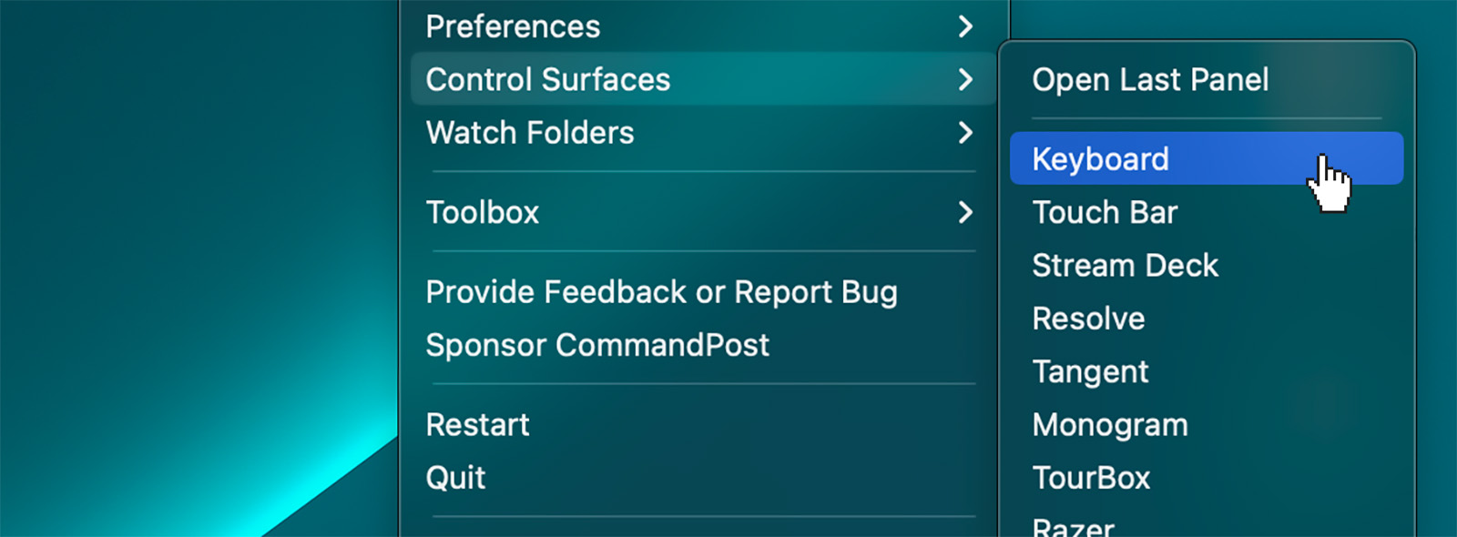 Control surface selection in CommandPost