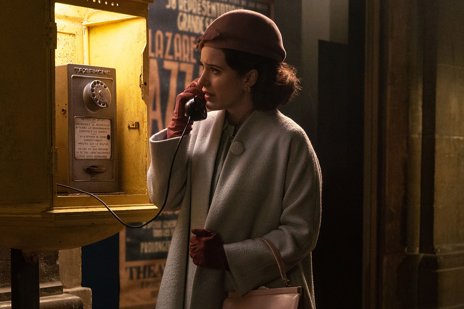 “A phone call is a tight eyeline.” Rachel Brosnahan’s emotional performance was due in part to having Michael Zegan close by. Image © Amazon Studios