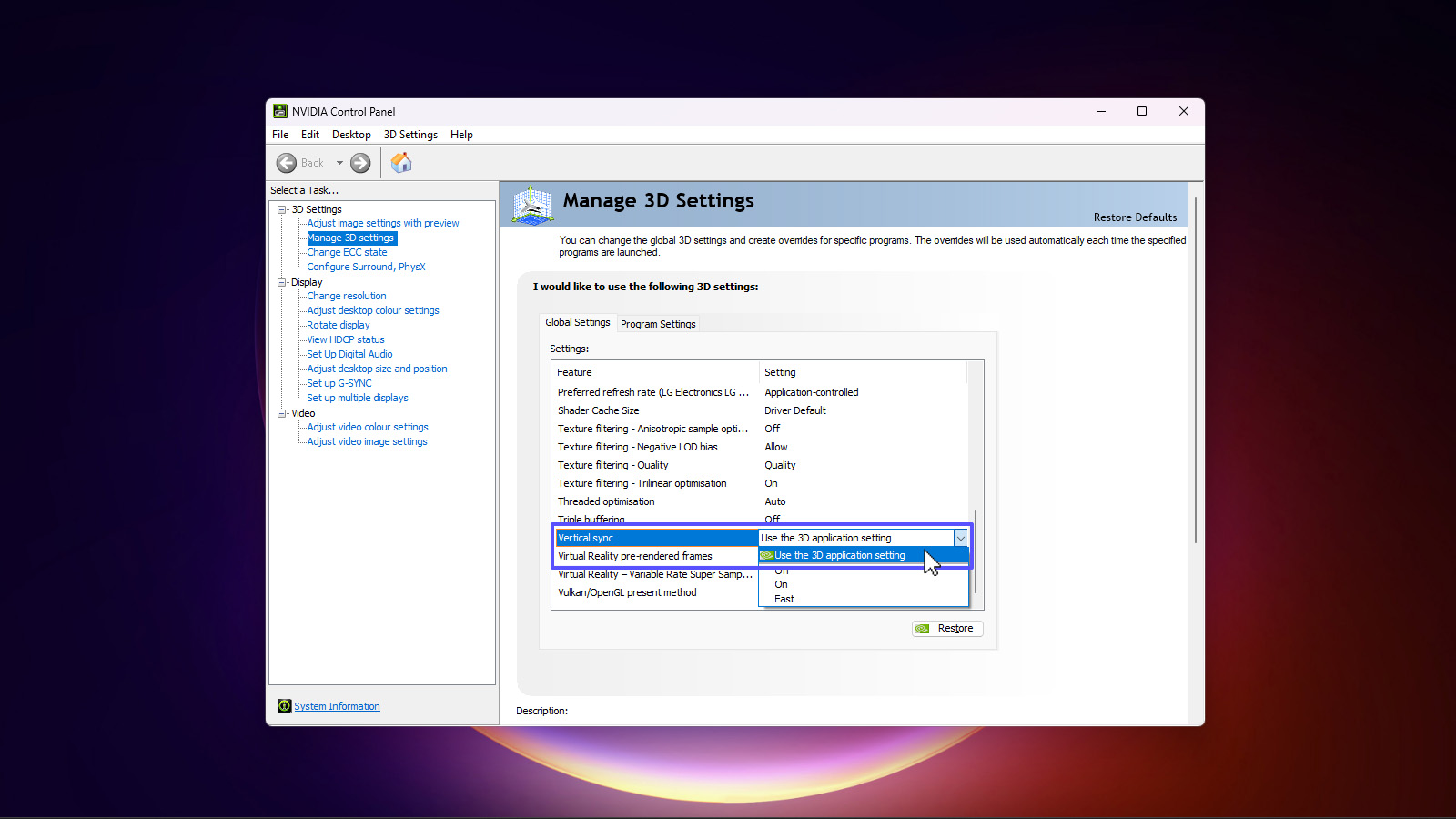 Optimize NVIDIA Control Panel settings for gaming performance