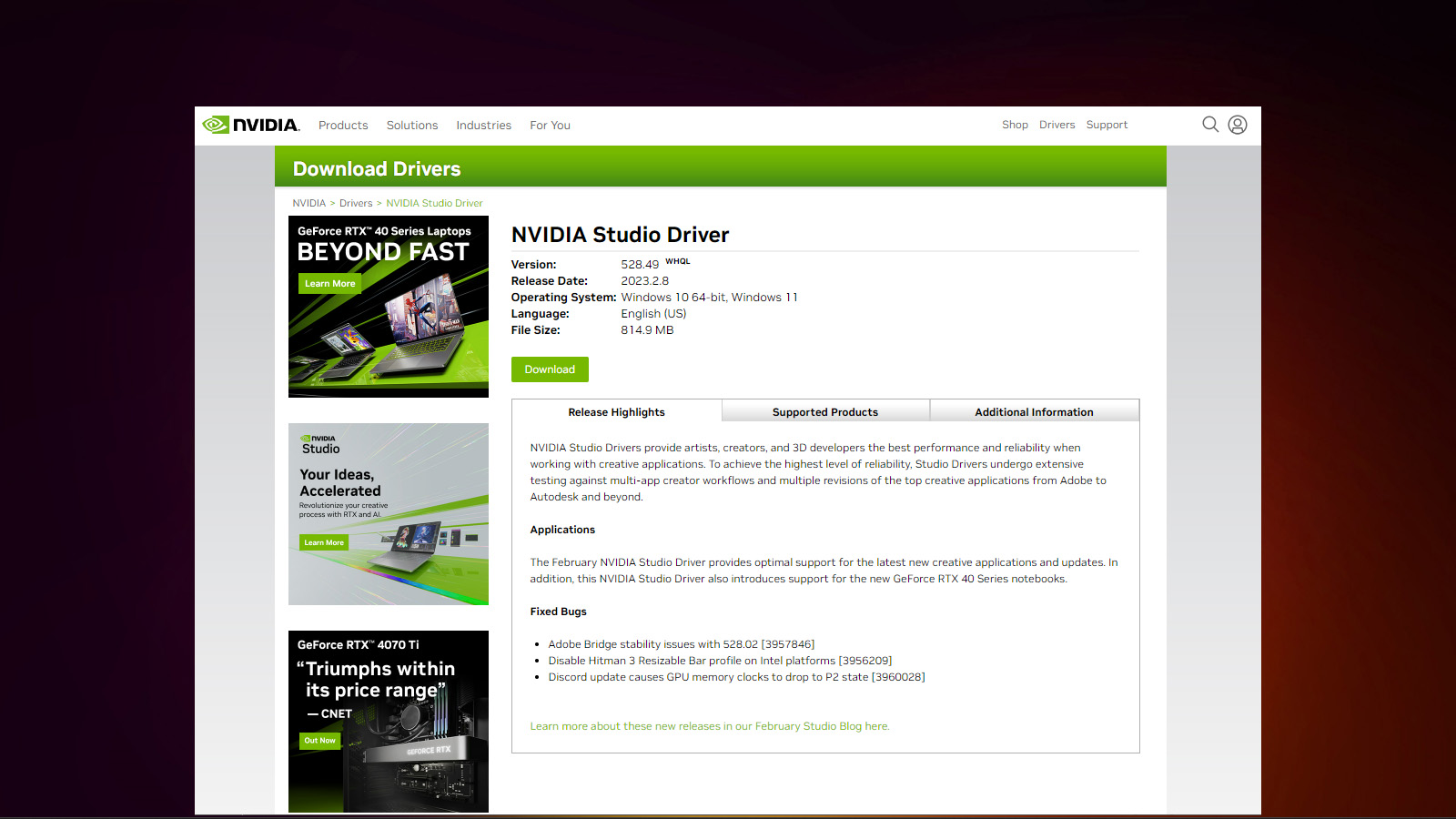 NVIDIA Studio Driver download page