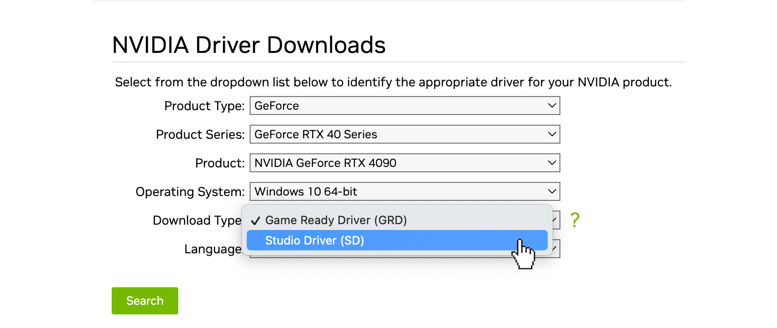 Download options for NVIDIA drivers