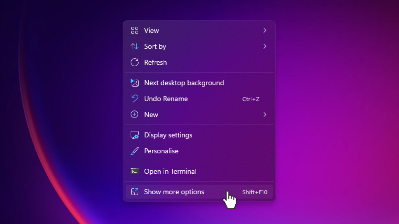 Windows 11 show more desktop options menu.
