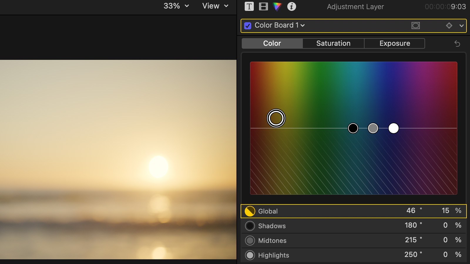Adjustments to the Color Board will affect any clip that sits beneath your adjustment layer.