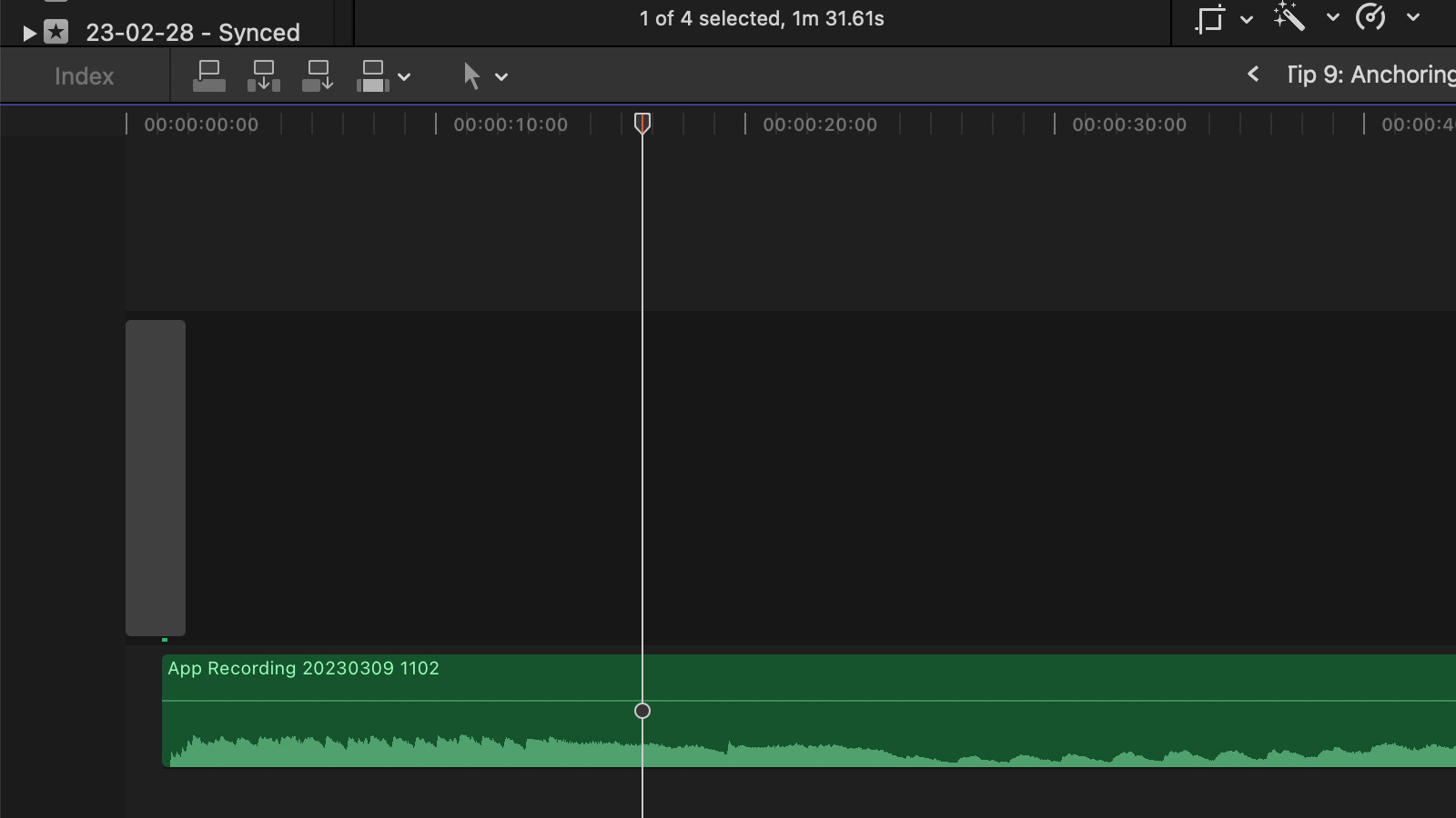 Placing your audio track in the primary storyline can make it harder to work with FCP’s editing tools.