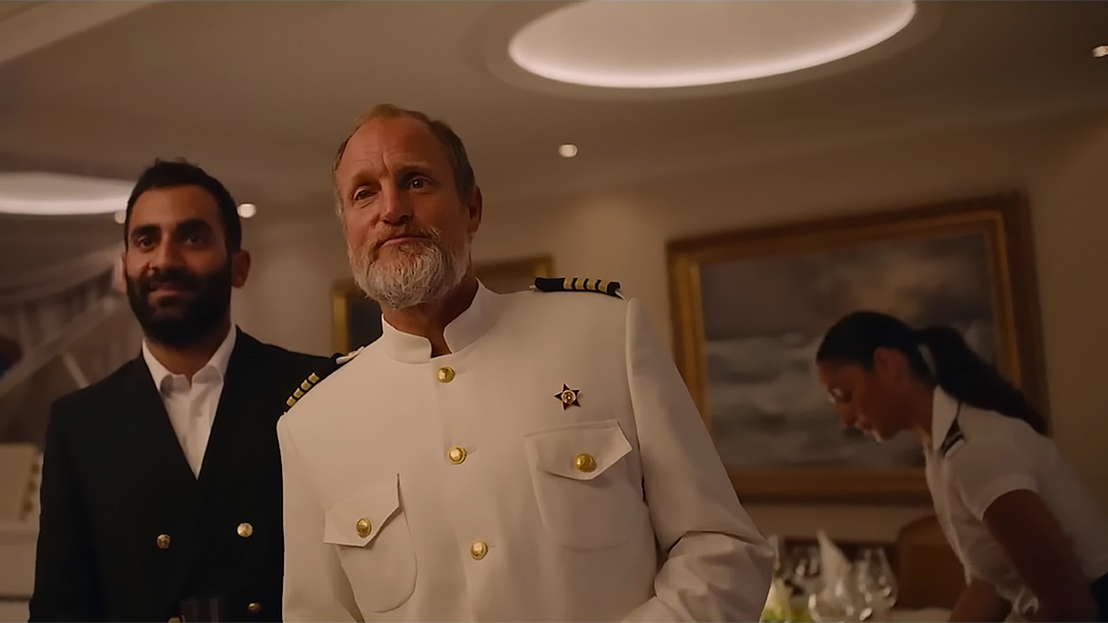 Woody Harrelson as an alcoholic Marxist captain in Triangle of Sadness. Image © Plattform Produktion