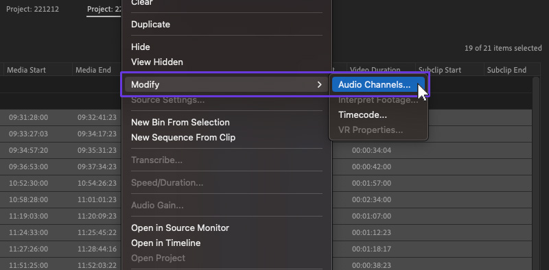 Premiere Pro audio channels menu
