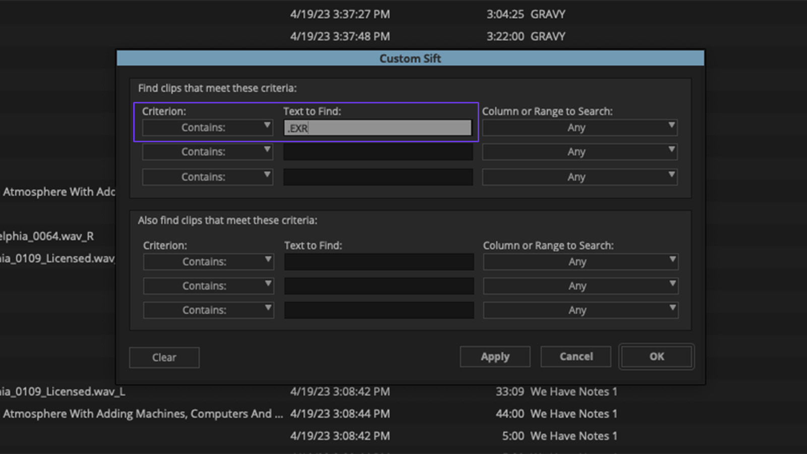 Setting up a Custom Sift in Media Composer.