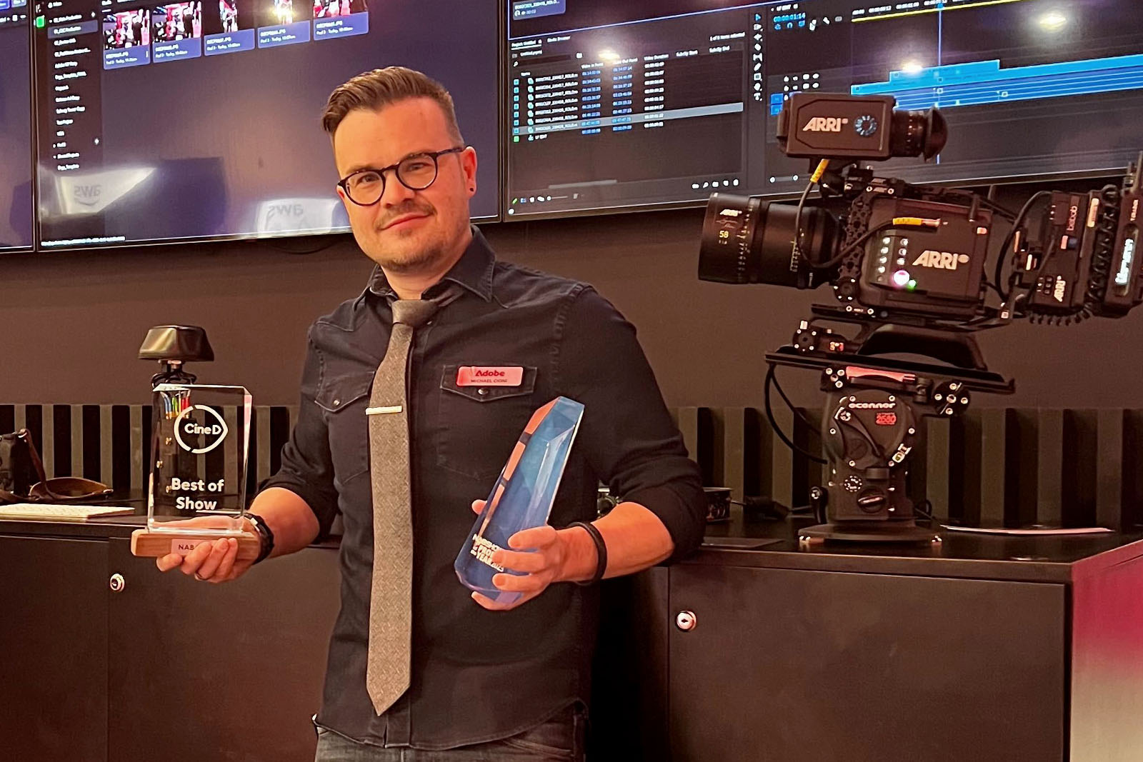 Michael Cioni with the NAB 2023 awards for Fujifilm and CineD C2C integration