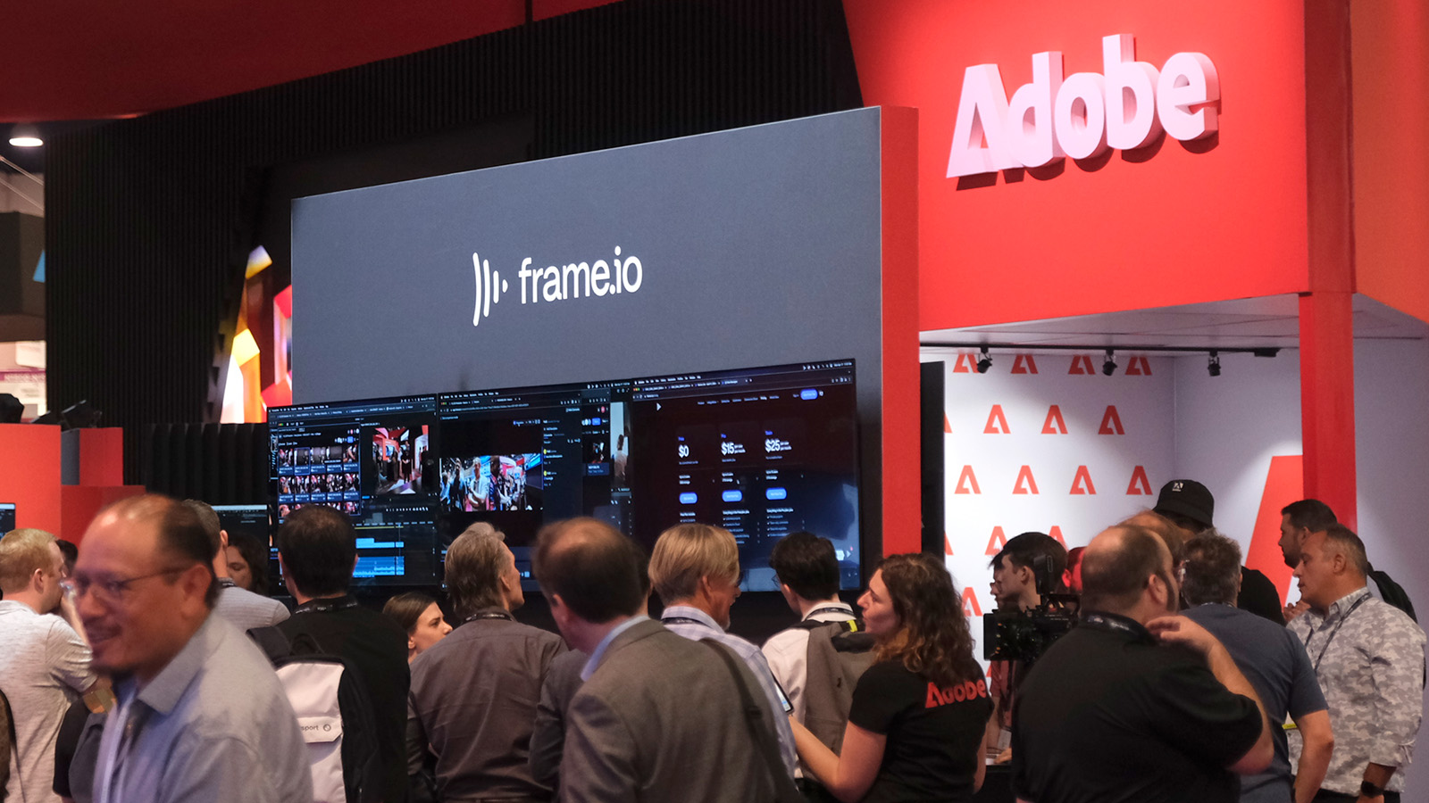 Visitors crowd the Frame.io booth at NAB 2023