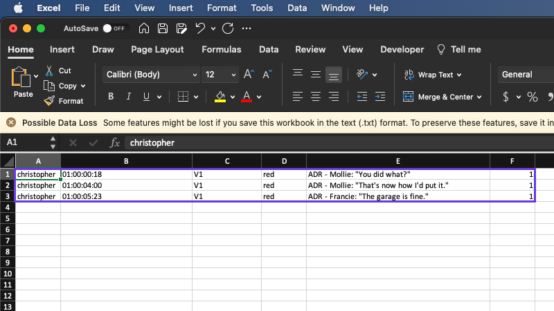 Exporting the Marker Tool quickly creates a spreadsheet from the timeline.