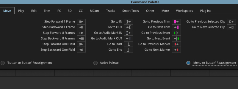 Changing the Command Palette to “Menu to Button” mode show even more functions for shortcuts.