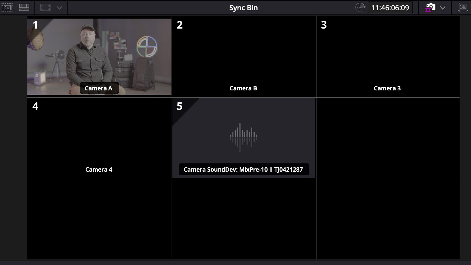 A Resolve Sync Bin containing multi-camera footage.