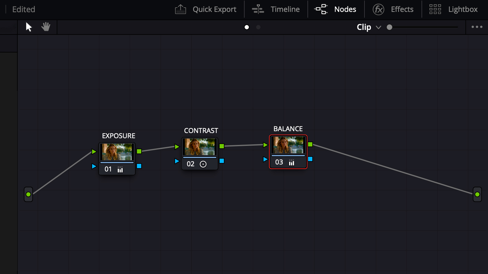 Exposure, Balance, and Contrast nodes in Resolve