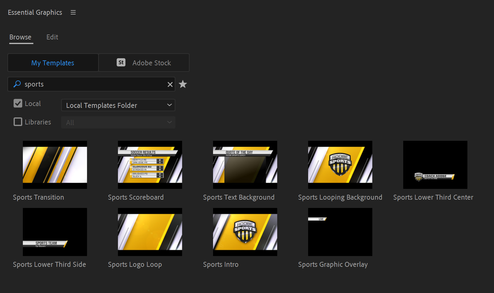 Use the search bar in the Essential Graphics panel to find groups of templates you want to delete, like the Sports ones.