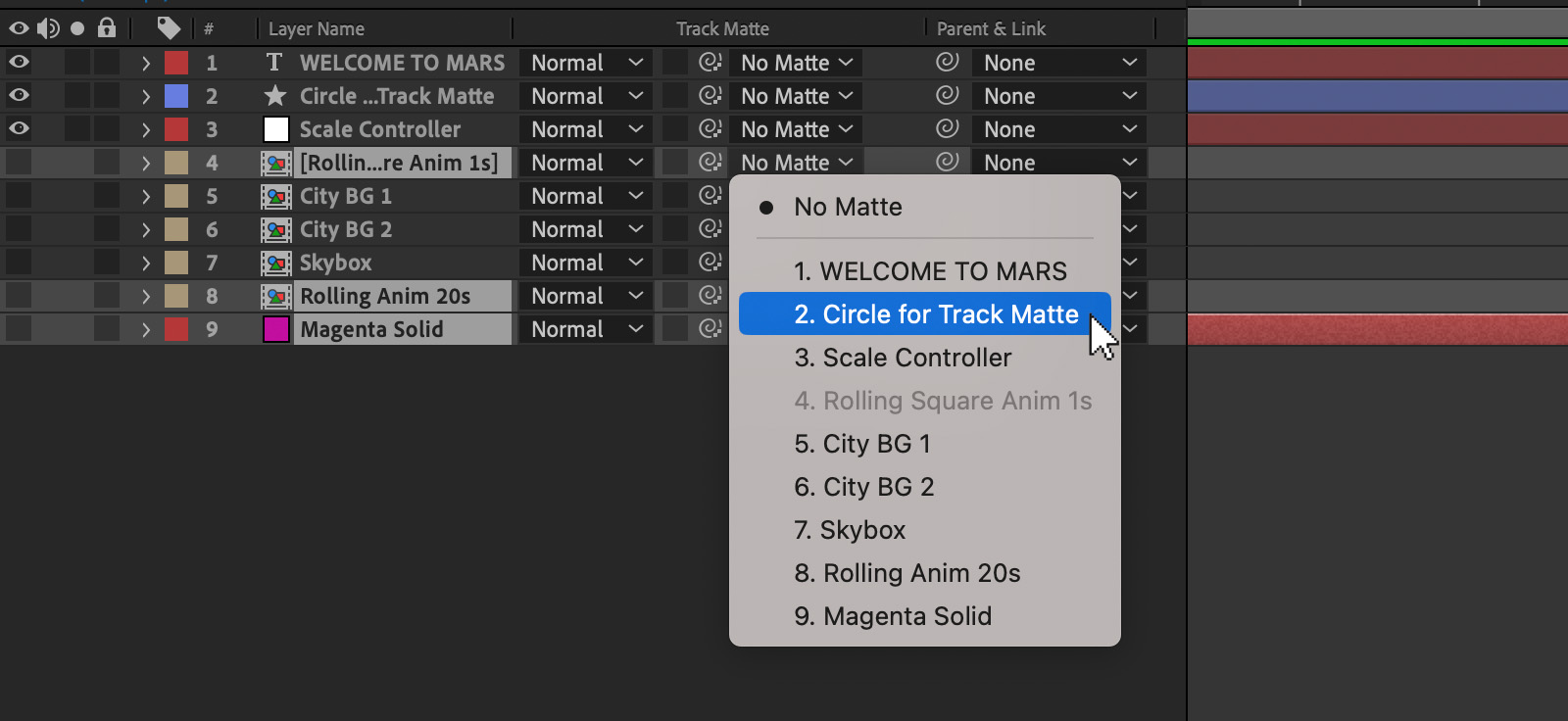 After Effects track matte dropdown showing multiple layers selected