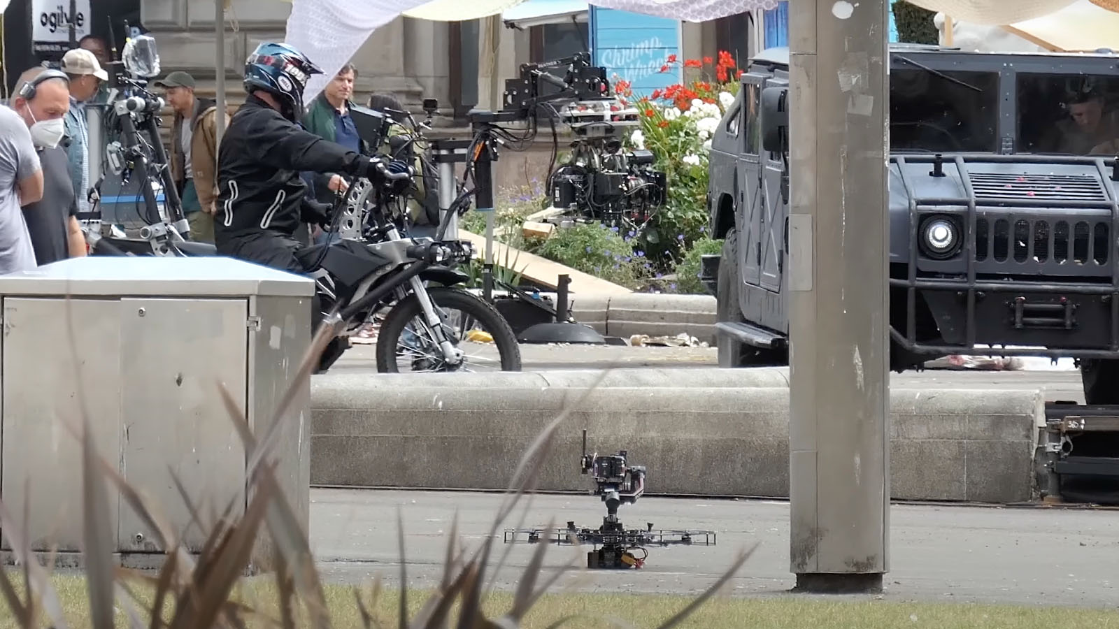 Drone camera and chase bike on location in Glasgow.